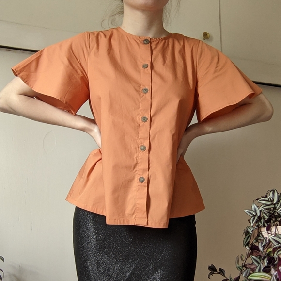 Orange flutter sleeve button up blouse - Picture 6 of 11